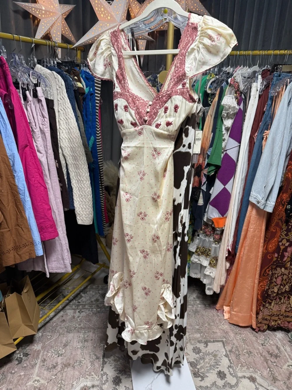Free People Cream Midi Dress with Pink Floral Lace